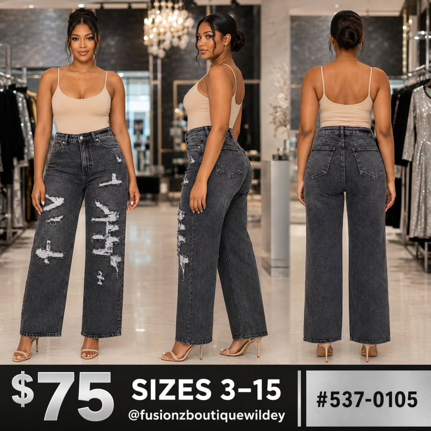 Women's Distressed Jeans – $75 | Sizes 3–15 at Fusionz Boutique Wildey