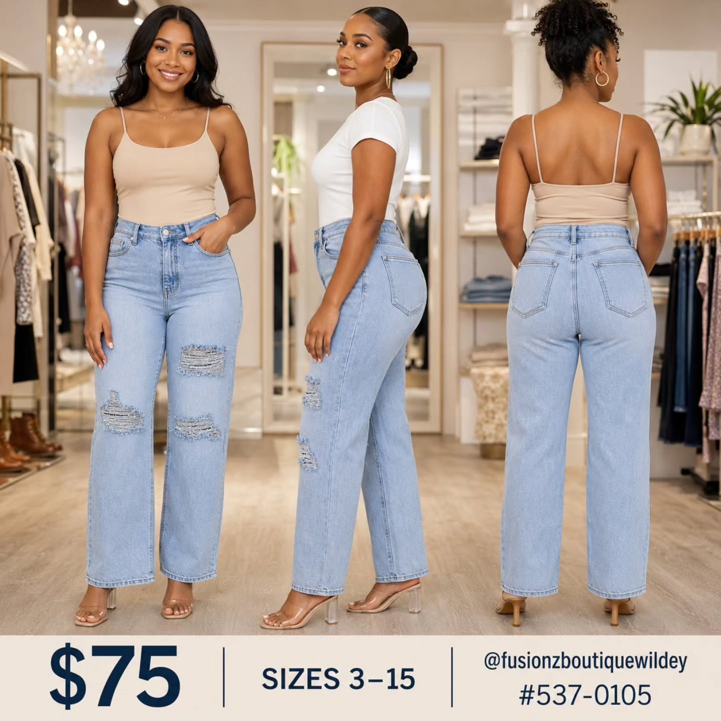 Women's Distressed Jeans – $75 | Sizes 3–15 at Fusionz Boutique Wildey