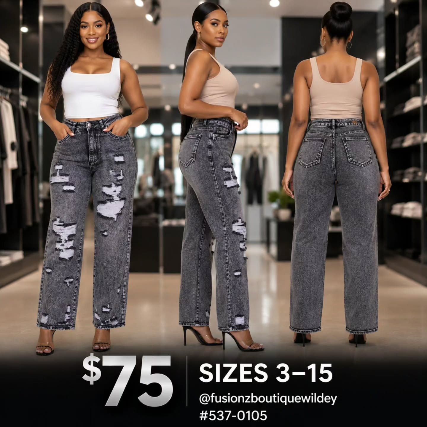 Women's Distressed Jeans – $75 | Sizes 3–15 at Fusionz Boutique Wildey