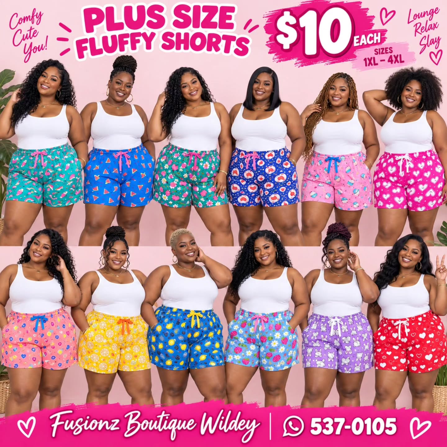 Plus Size Fluffy Shorts – $10 Each at Fusionz Boutique Wildey