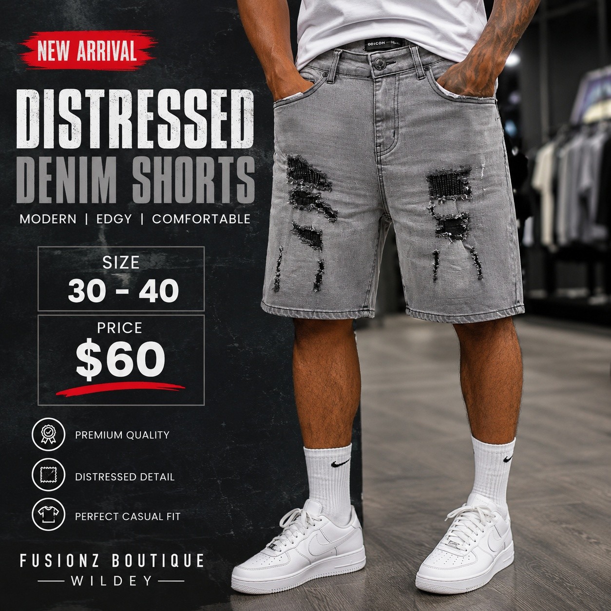 Men's Distressed Denim Shorts – 3 Styles from $60 at Fusionz Boutique Wildey
