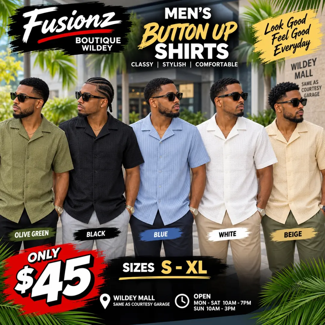 Men's Button-Up Shirts – Only $45 at Fusionz Boutique Wildey