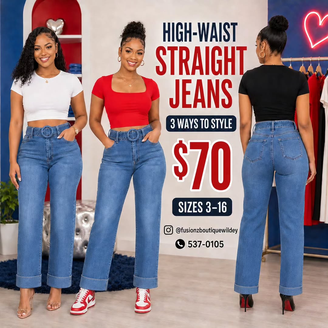 High-Waist Straight Jeans – $70 at Fusionz Boutique Wildey