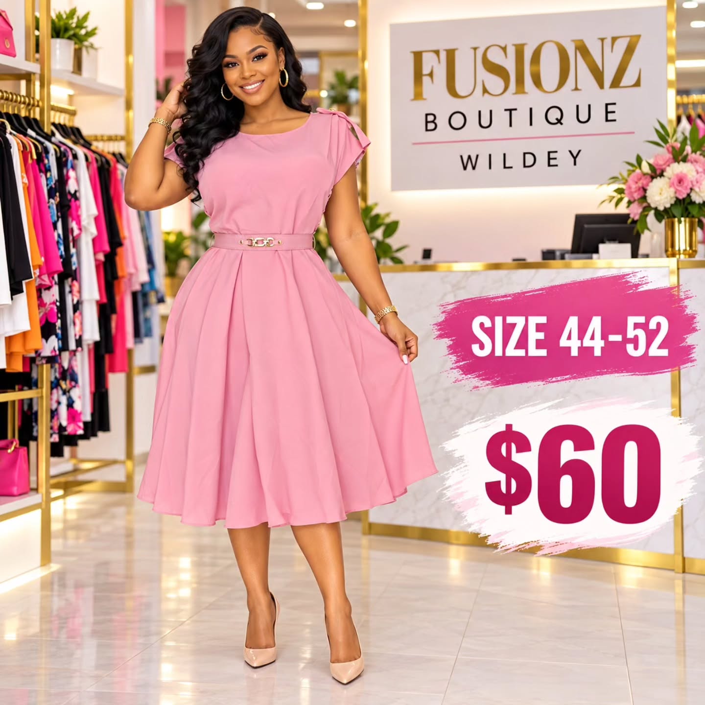 Fusionz Boutique Wildey – Pink Belted Dress $60 (Sizes 44–52)