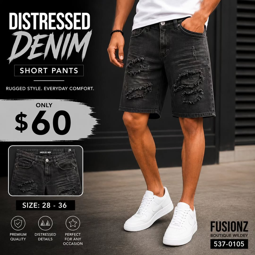 Men's Distressed Denim Shorts – Only $60 at Fusionz Boutique Wildey