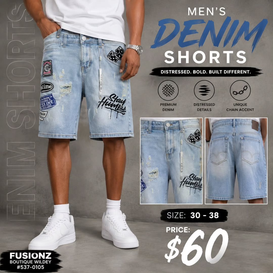 Men's Distressed Denim Shorts – Only $60 at Fusionz Boutique Wildey