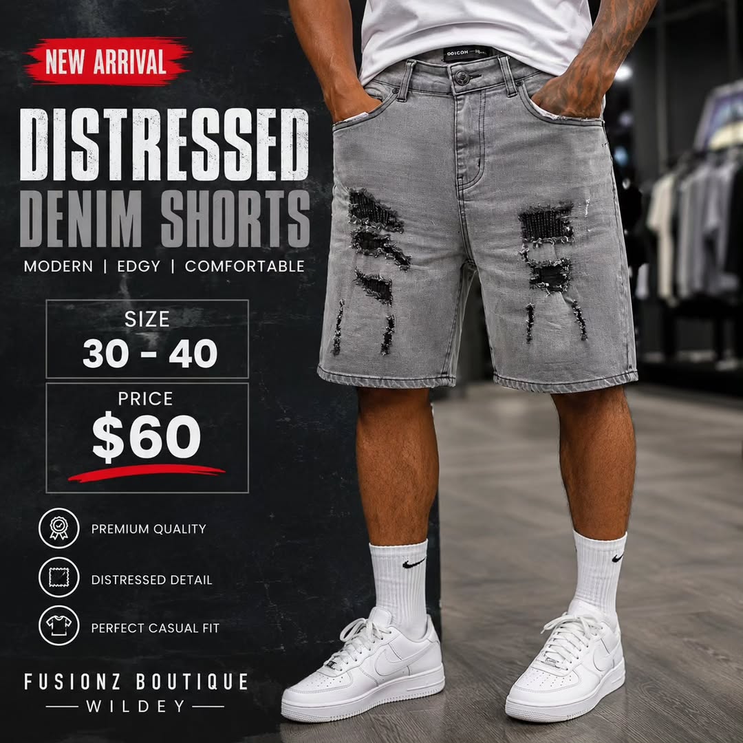 Men's Distressed Denim Shorts – Only $60 at Fusionz Boutique Wildey