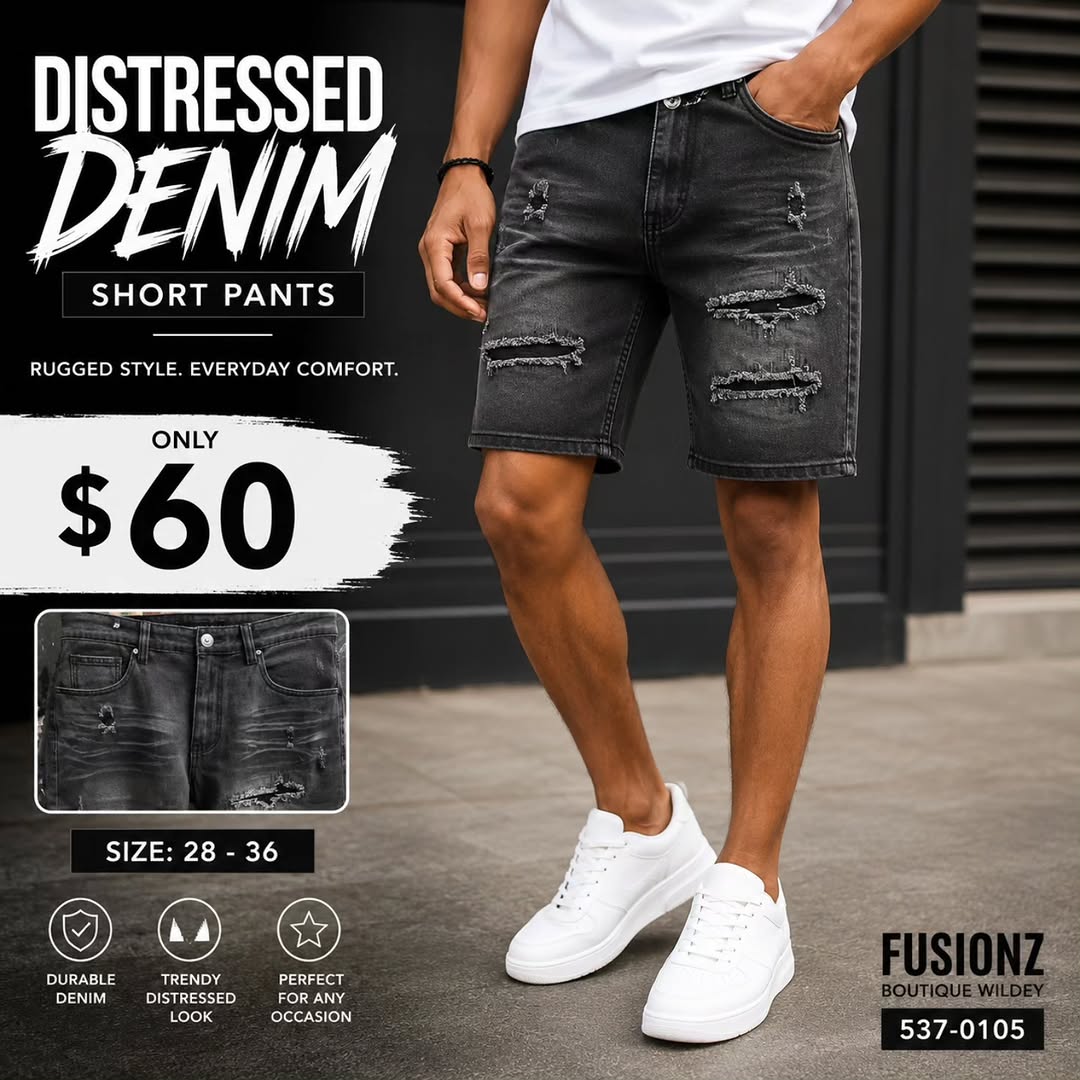 Men's Distressed Denim Shorts – Only $60 at Fusionz Boutique Wildey