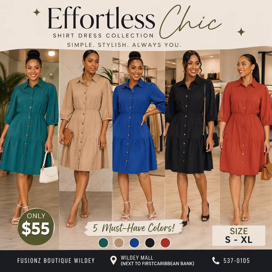 Fusionz Boutique Wildey – Tie Neck Dresses $50 & Shirt Dresses $55