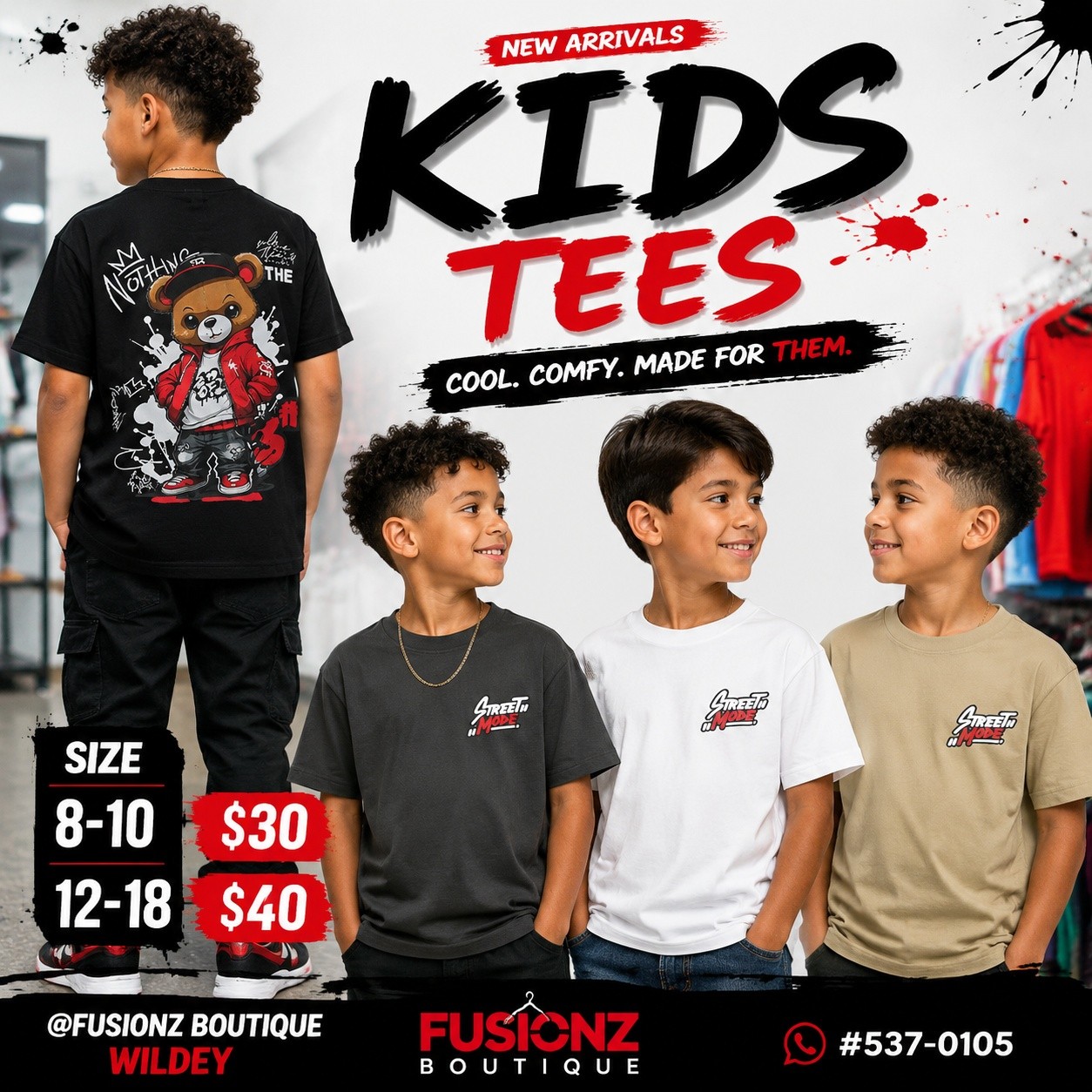 Fusionz Boutique Kids Tees – Sizes 8-10 from $30, Sizes 12-18 from $40