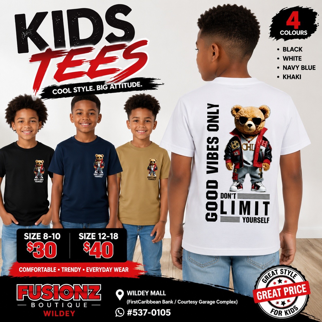 Fusionz Boutique Kids Tees – Sizes 8-10 from $30, Sizes 12-18 from $40