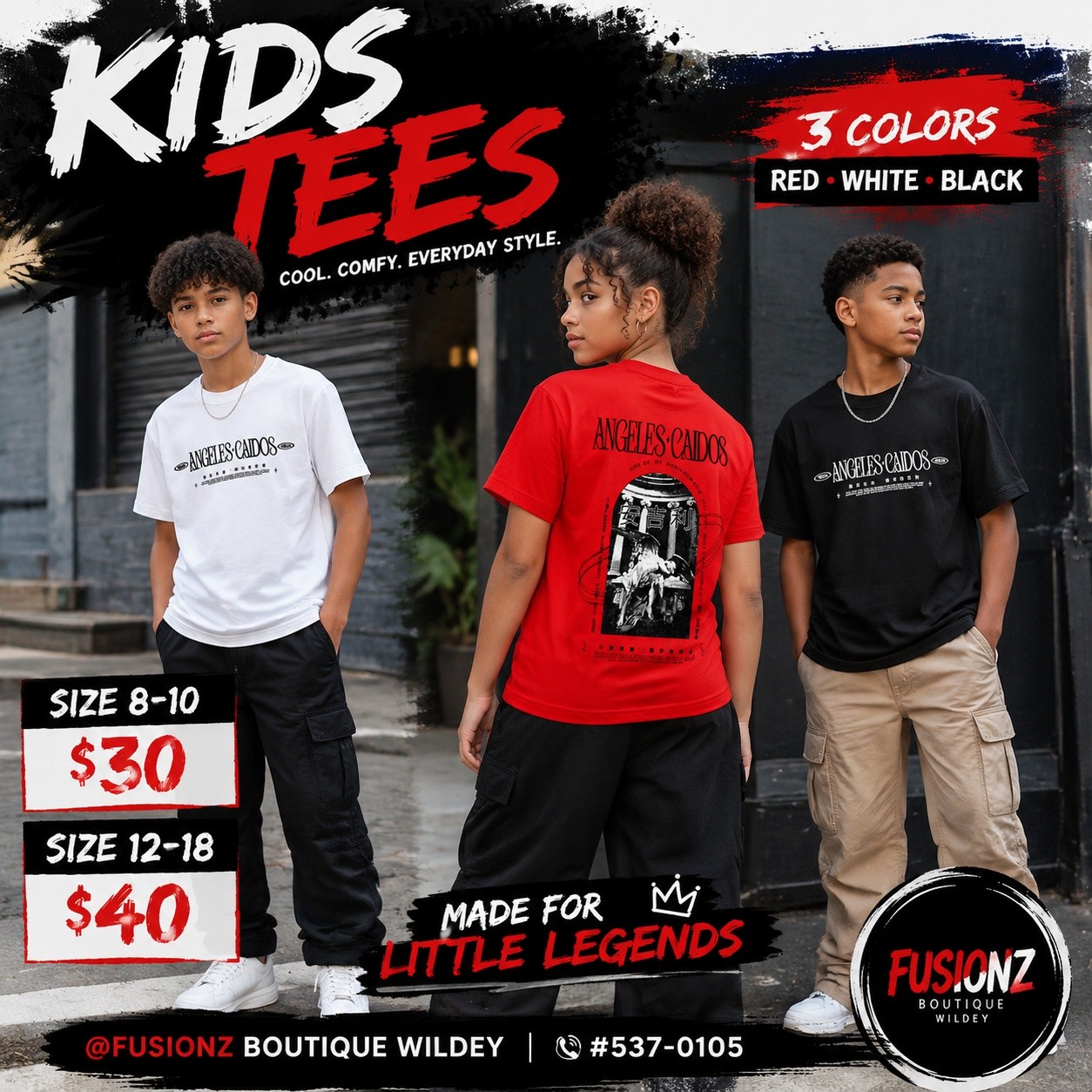 Fusionz Boutique Kids Tees – Sizes 8-10 from $30, Sizes 12-18 from $40