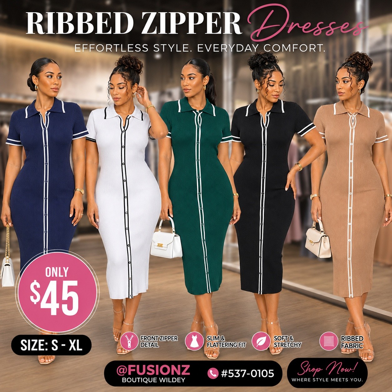 Fusionz Boutique – Crossbody Bags $25 & Ribbed Zipper Dresses $45