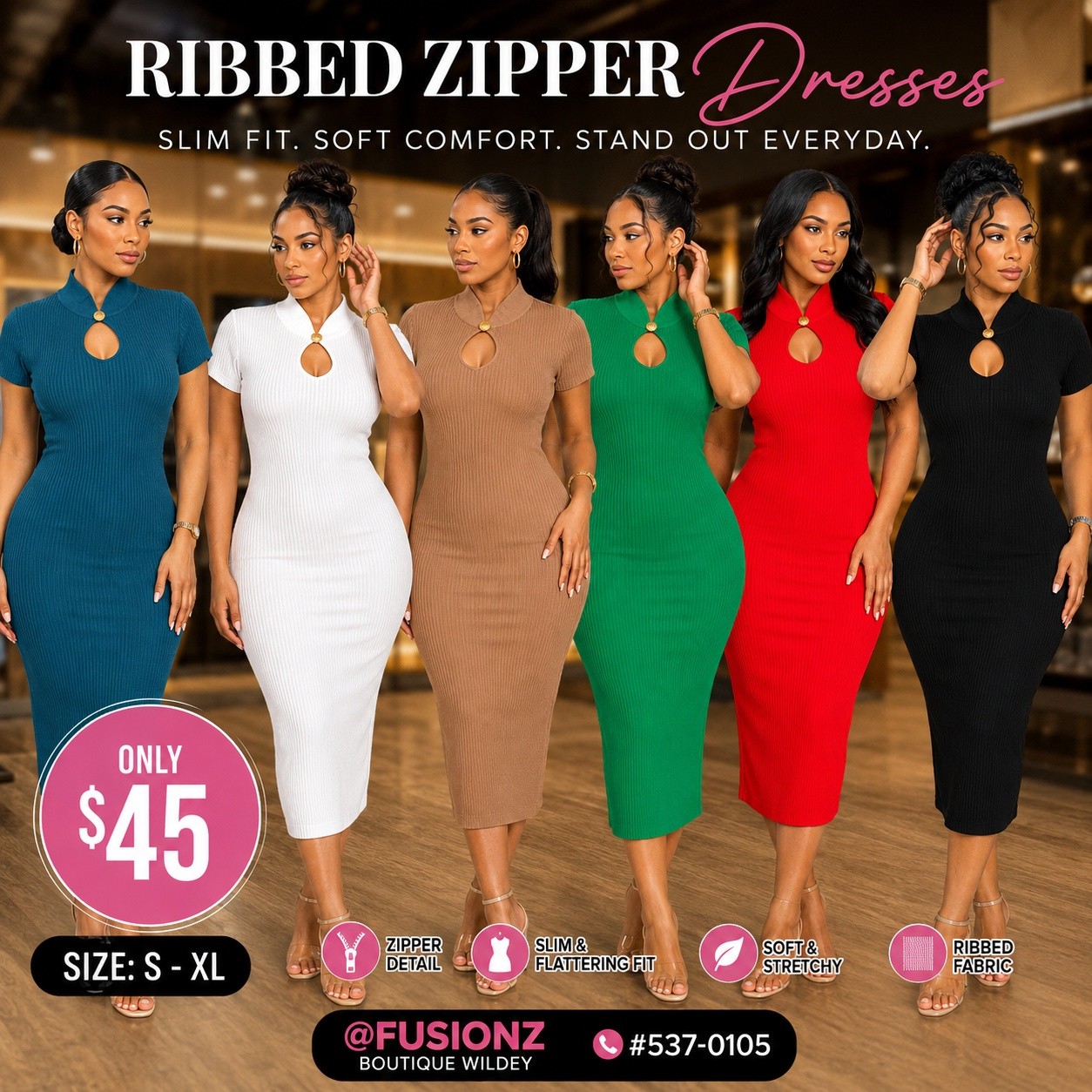 Fusionz Boutique – Crossbody Bags $25 & Ribbed Zipper Dresses $45
