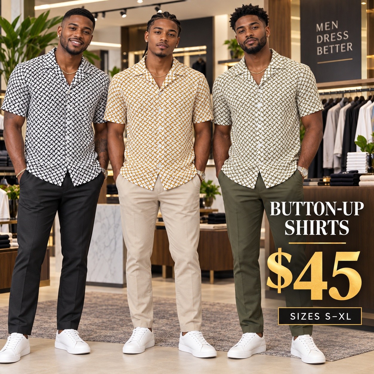 Fusionz Boutique Men's Button-Up Shirts — $40 (S–XL) & $50 Plus Size (1XL–4XL)