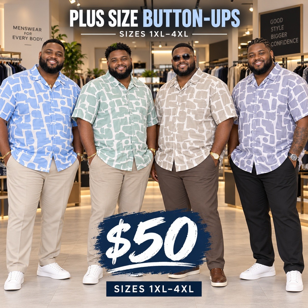 Fusionz Boutique Men's Button-Up Shirts — $40 (S–XL) & $50 Plus Size (1XL–4XL)