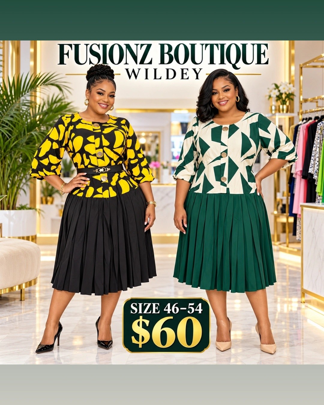 Dresses $60 – Sizes 44-54 at Fusionz Boutique Wildey