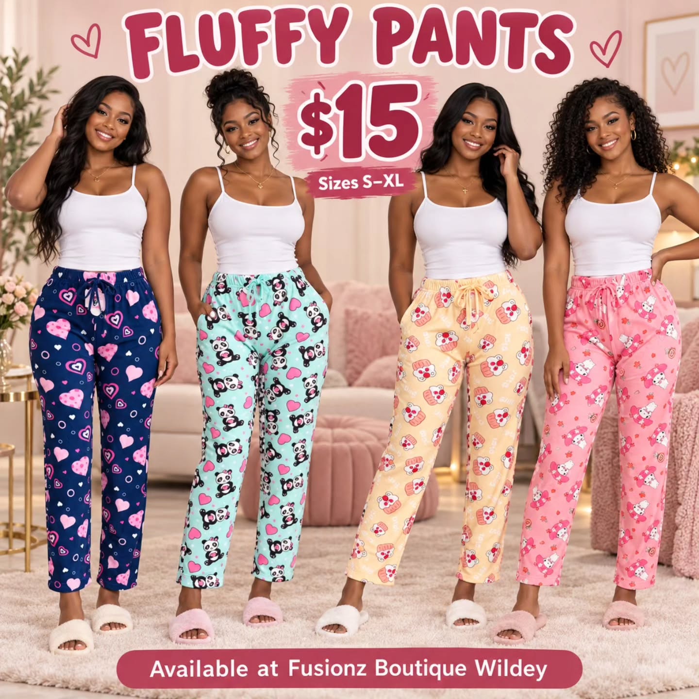 Fluffy Pants for $15 Each – Sizes S–XL at Fusionz Boutique Wildey
