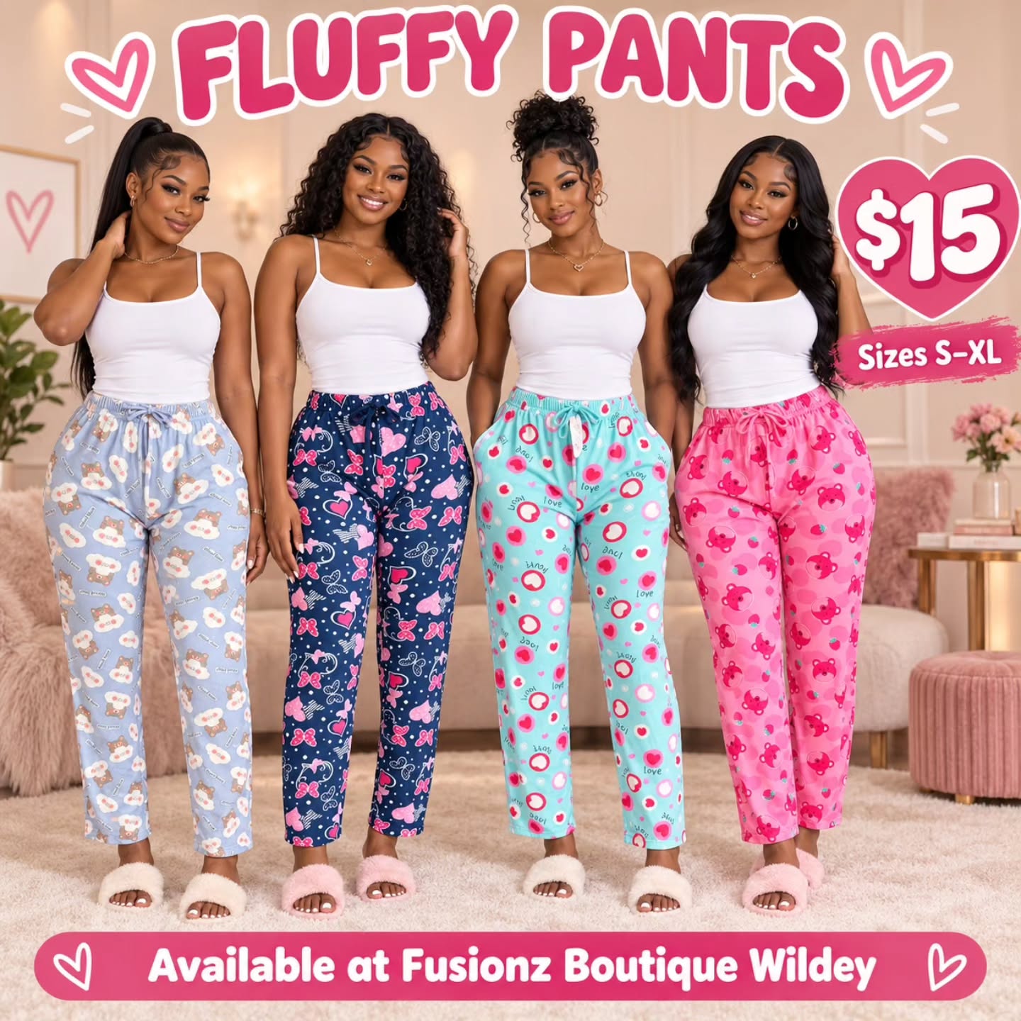 Fluffy Pants for $15 Each – Sizes S–XL at Fusionz Boutique Wildey