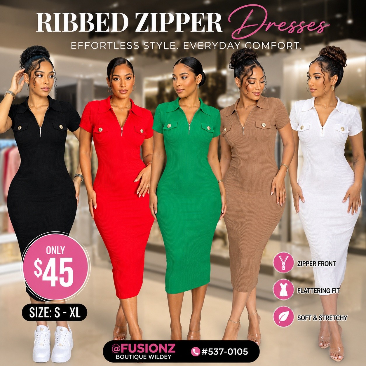 Ribbed Zipper & Stretchy Dresses – Only $45 at Fusionz Boutique Wildey