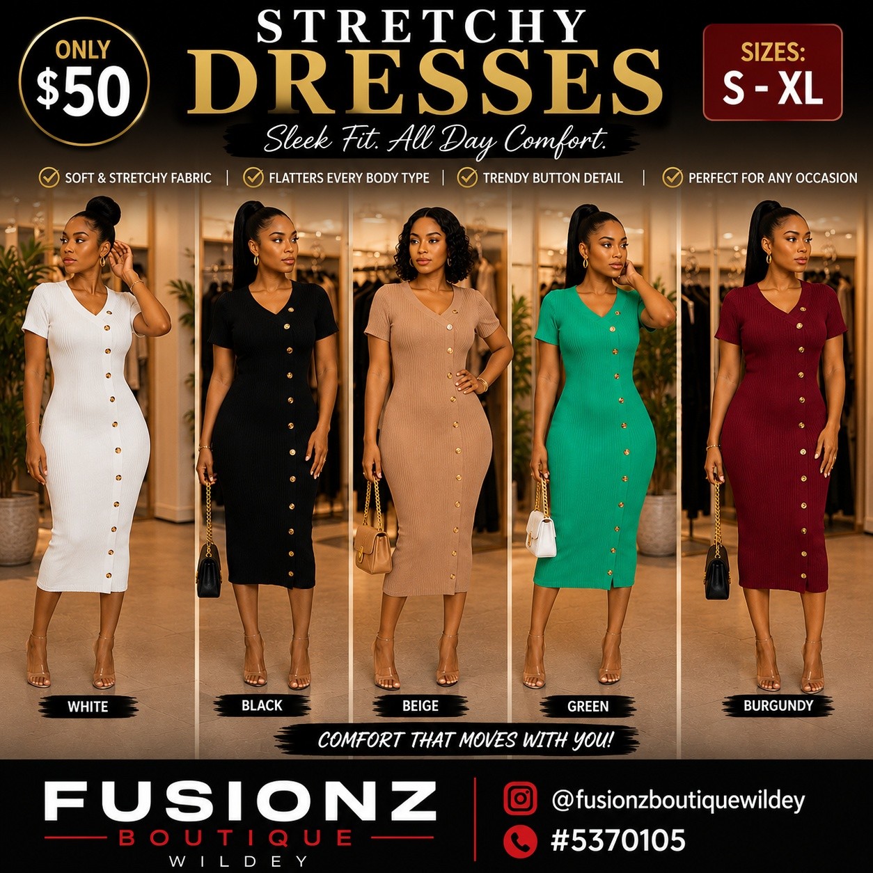 Ribbed Zipper & Stretchy Dresses – Only $45 at Fusionz Boutique Wildey