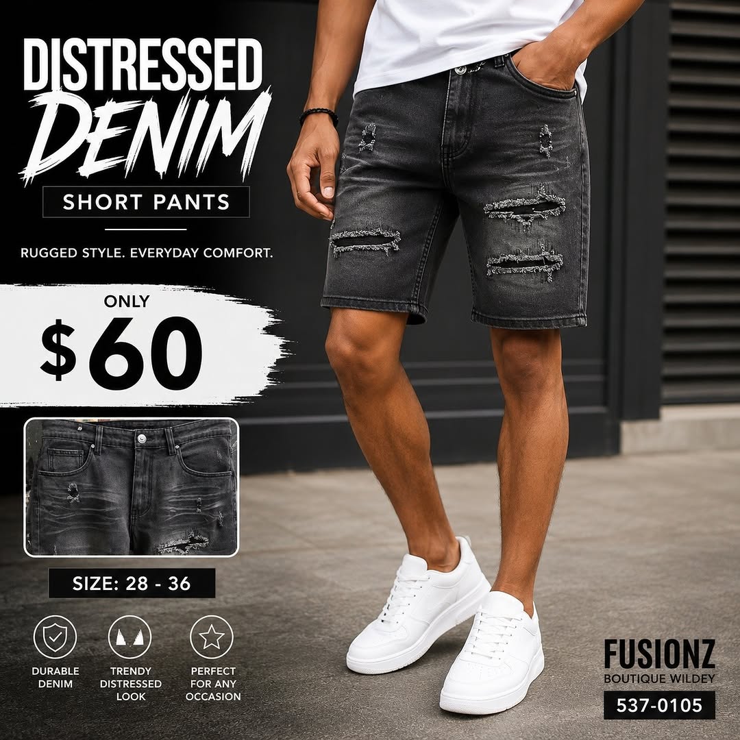 Men's Denim Shorts – $60 at Fusionz Boutique Wildey