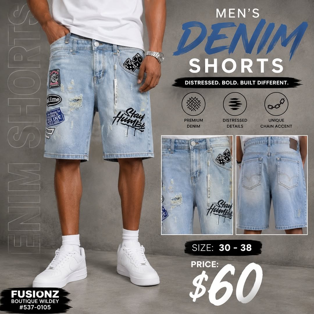 Men's Denim Shorts – $60 at Fusionz Boutique Wildey