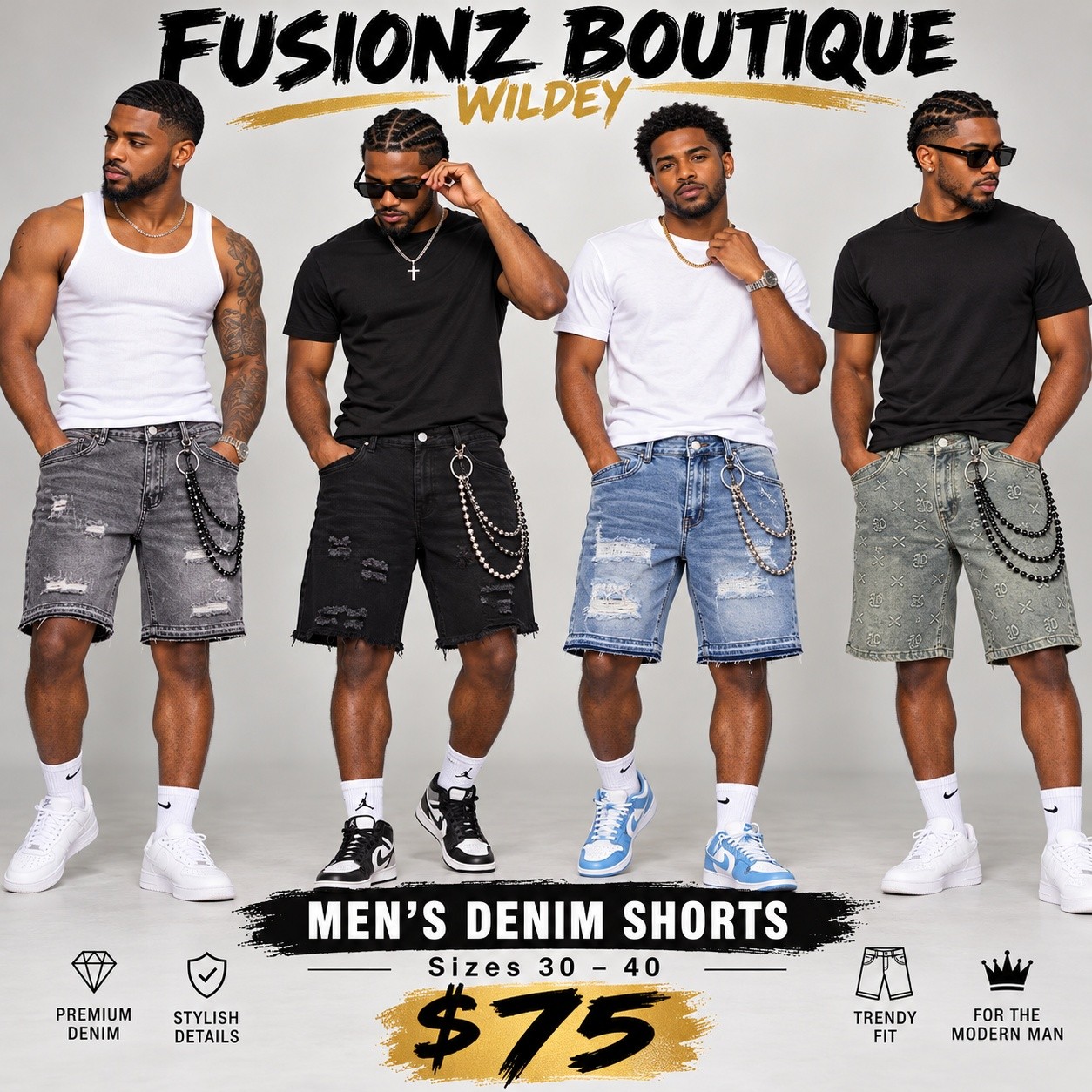 Men's Jeans $80 & Men's Denim Shorts $75 at Fusionz Boutique Wildey