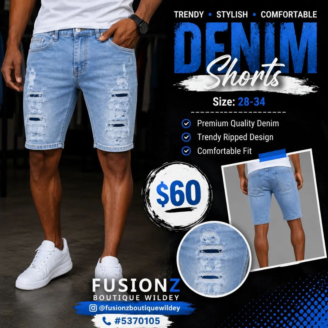 Denim Shorts – $60 at Fusionz Boutique Wildey