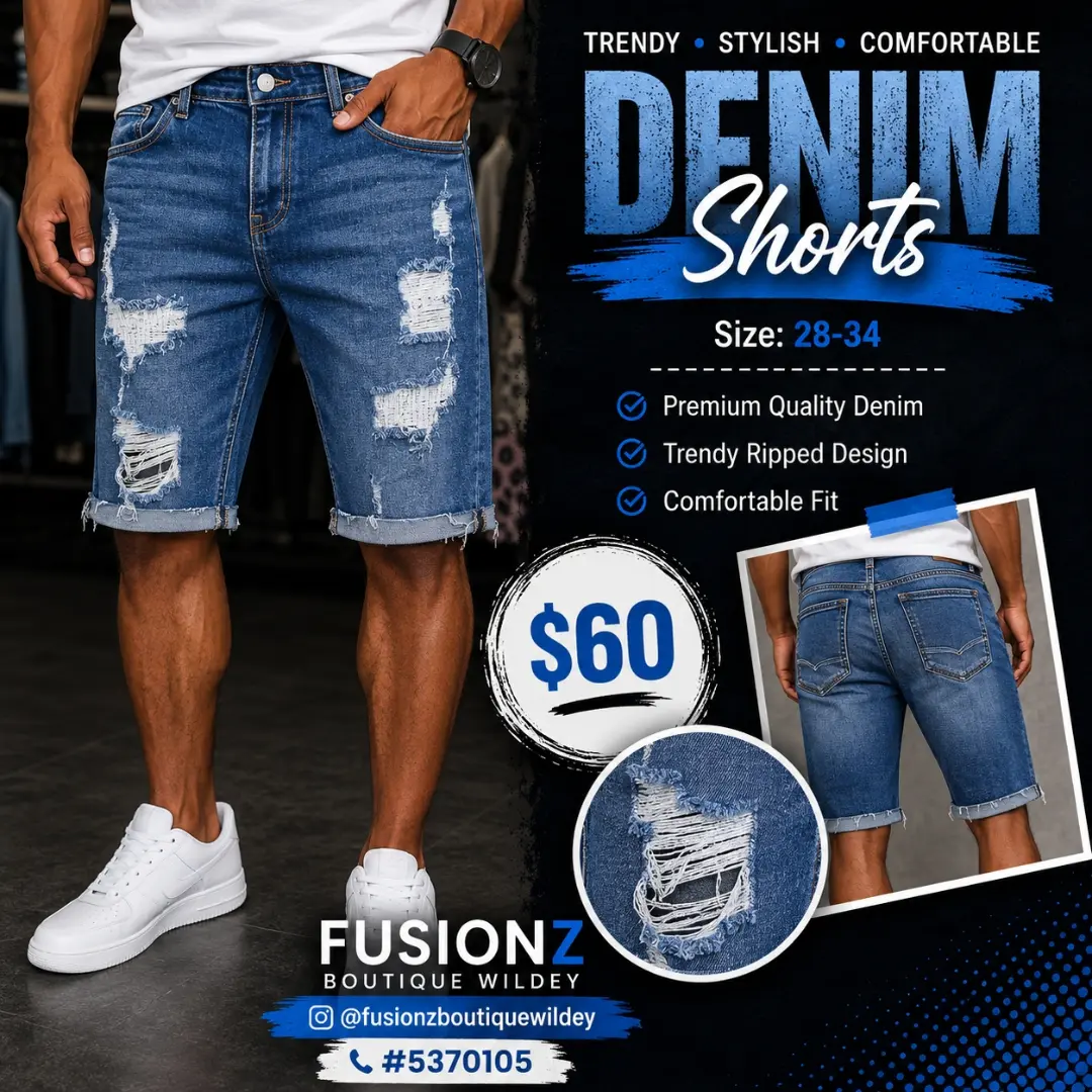 Denim Shorts – $60 at Fusionz Boutique Wildey