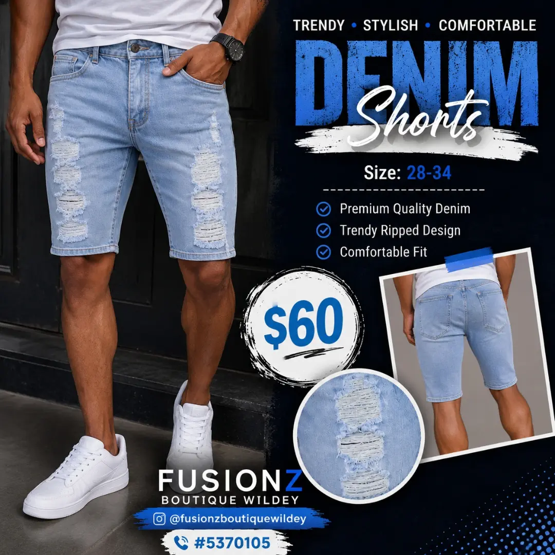 Denim Shorts – $60 at Fusionz Boutique Wildey