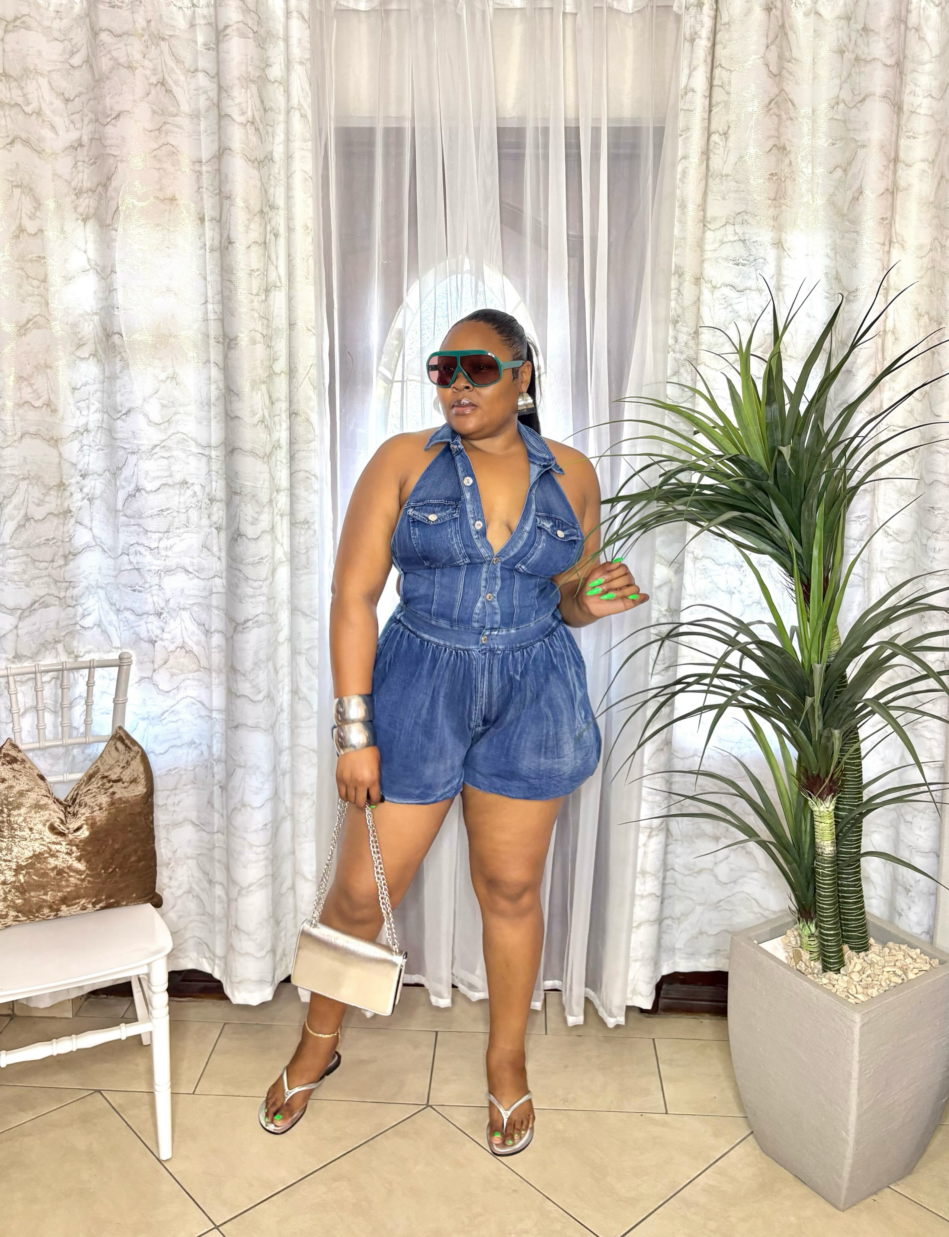 Stretch Denim Romper & Accessories at KCs Kloset
