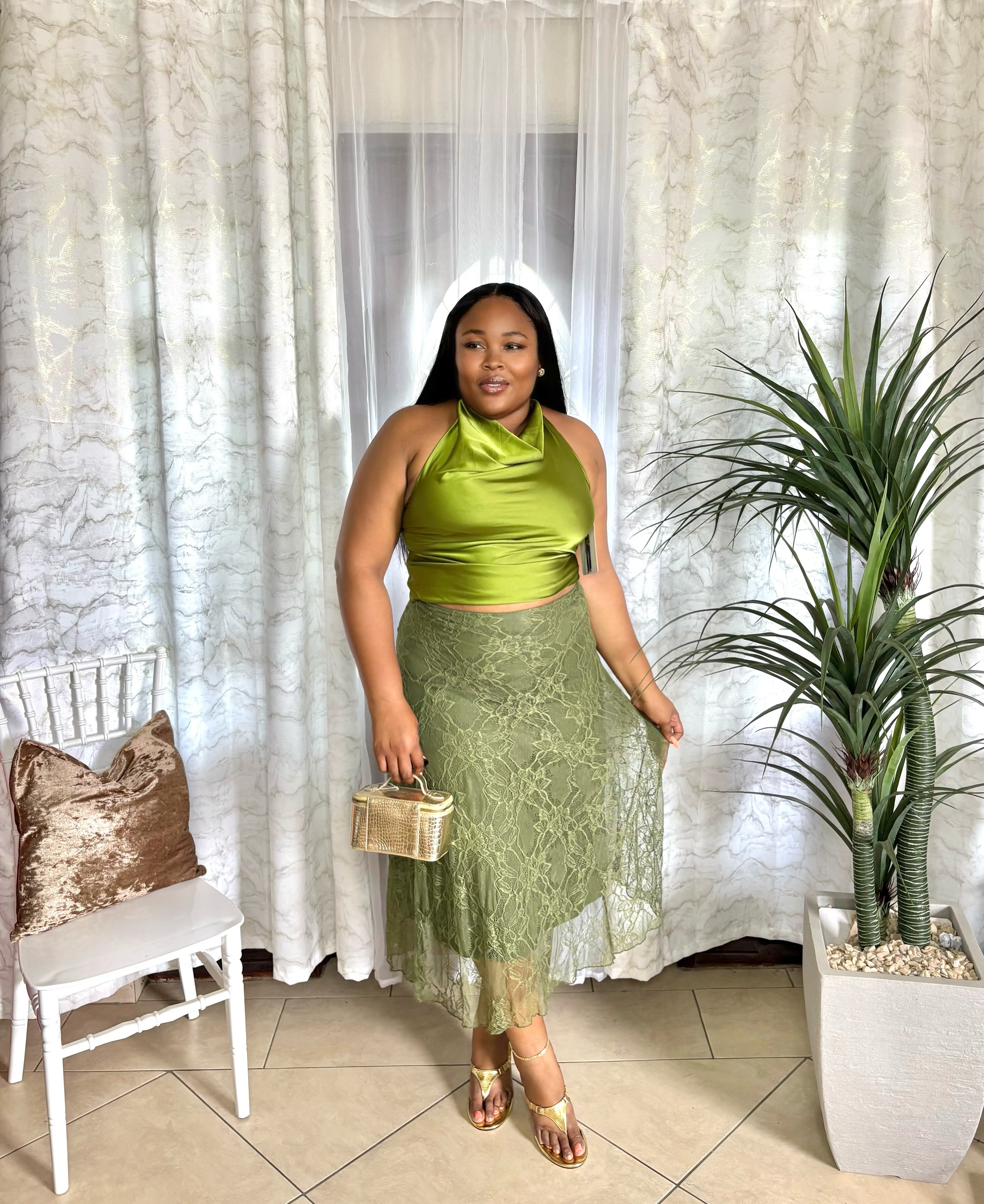 Olive Green Halter Top, Lace Skirt & Bag – Priced from $55 at KC's Kloset