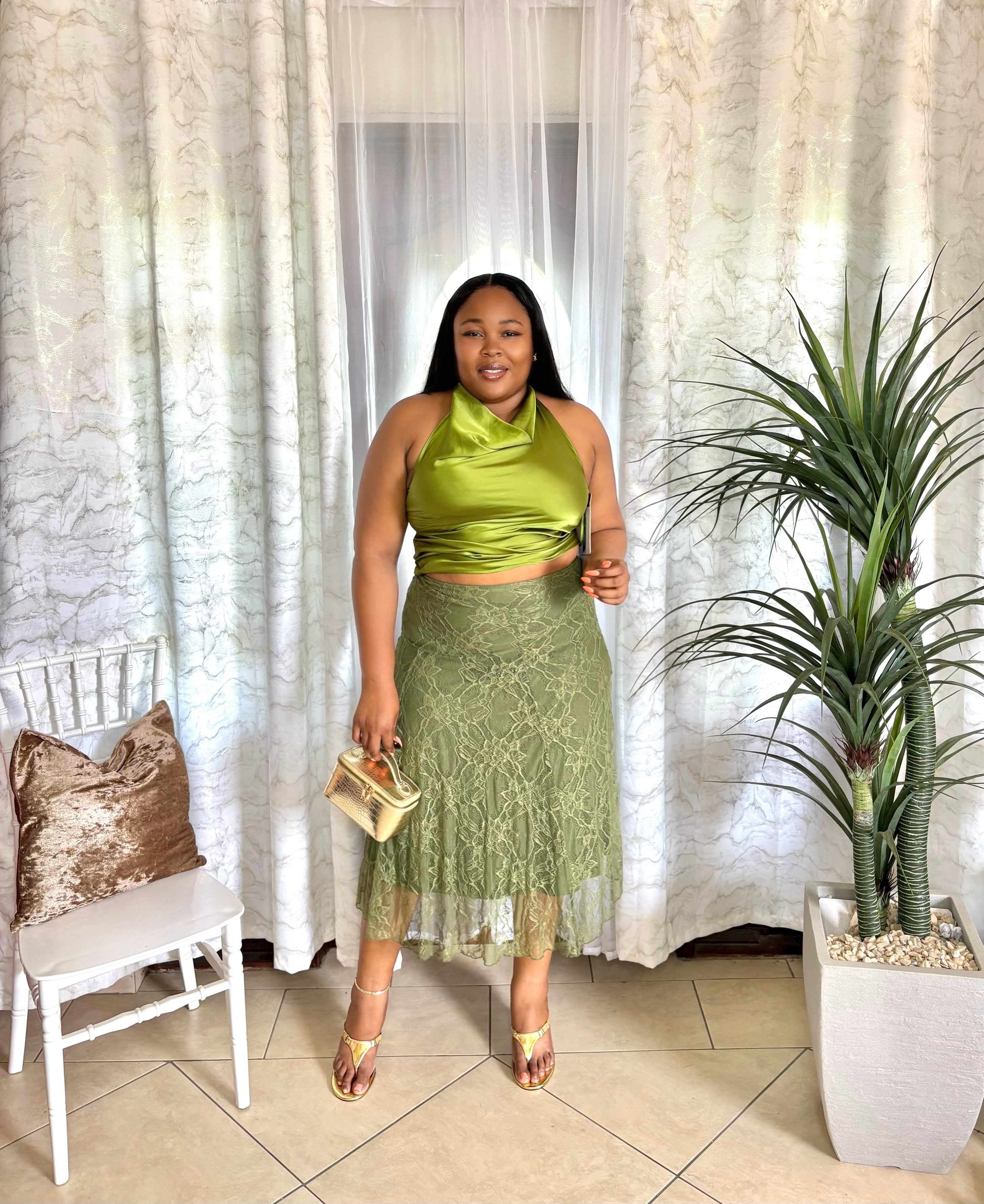 Olive Green Halter Top, Lace Skirt & Bag – Priced from $55 at KC's Kloset