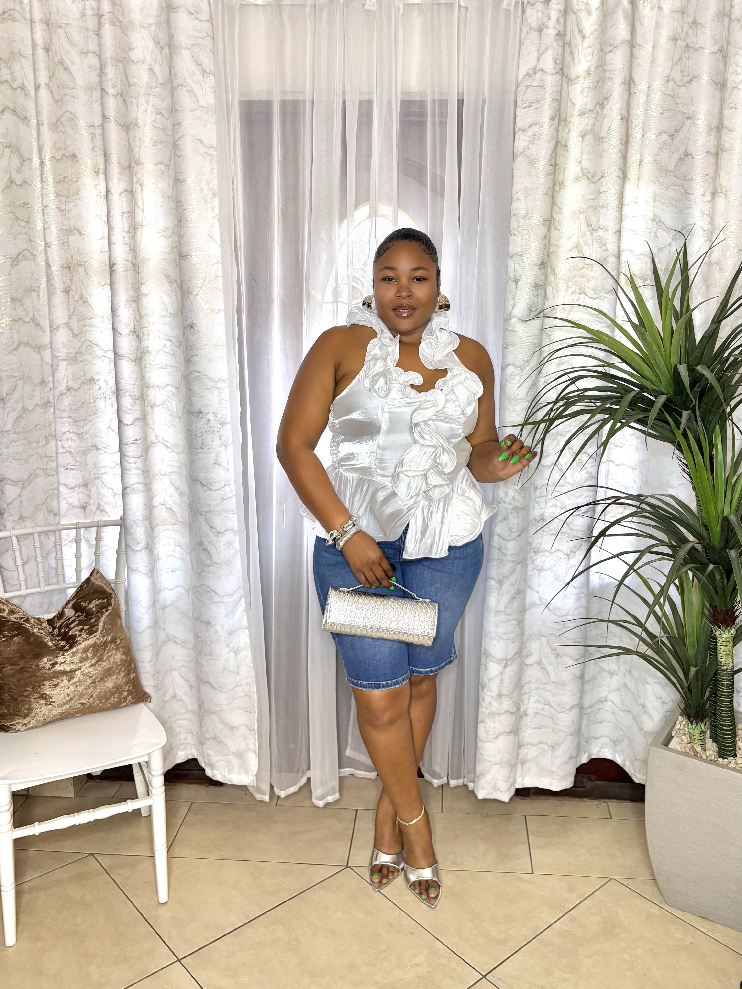 Flounce Drama Top, Denim Bermuda, Bag & Earrings – Prices from $25