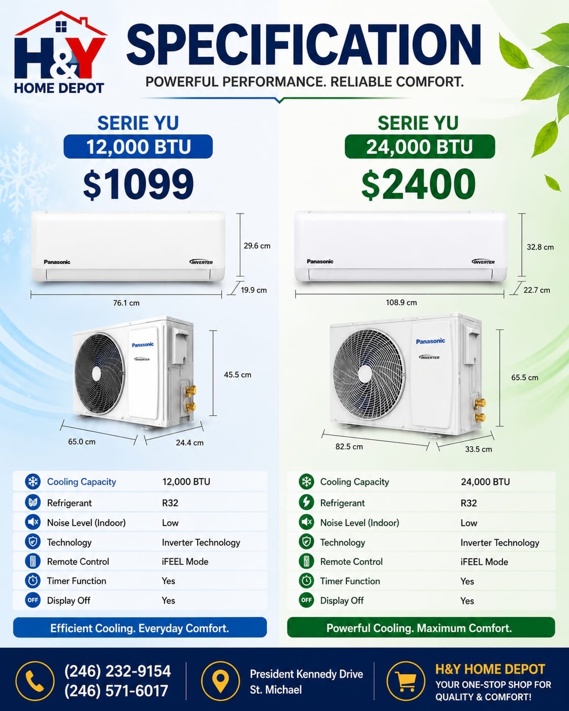 Panasonic Inverter Air Conditioners – 12,000 BTU $1,099 & 24,000 BTU $2,400 at H&Y Home Depot