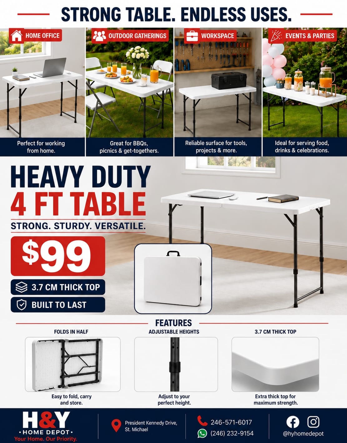 Heavy Duty 4FT Folding Table – Only $99 at H&Y Home Depot