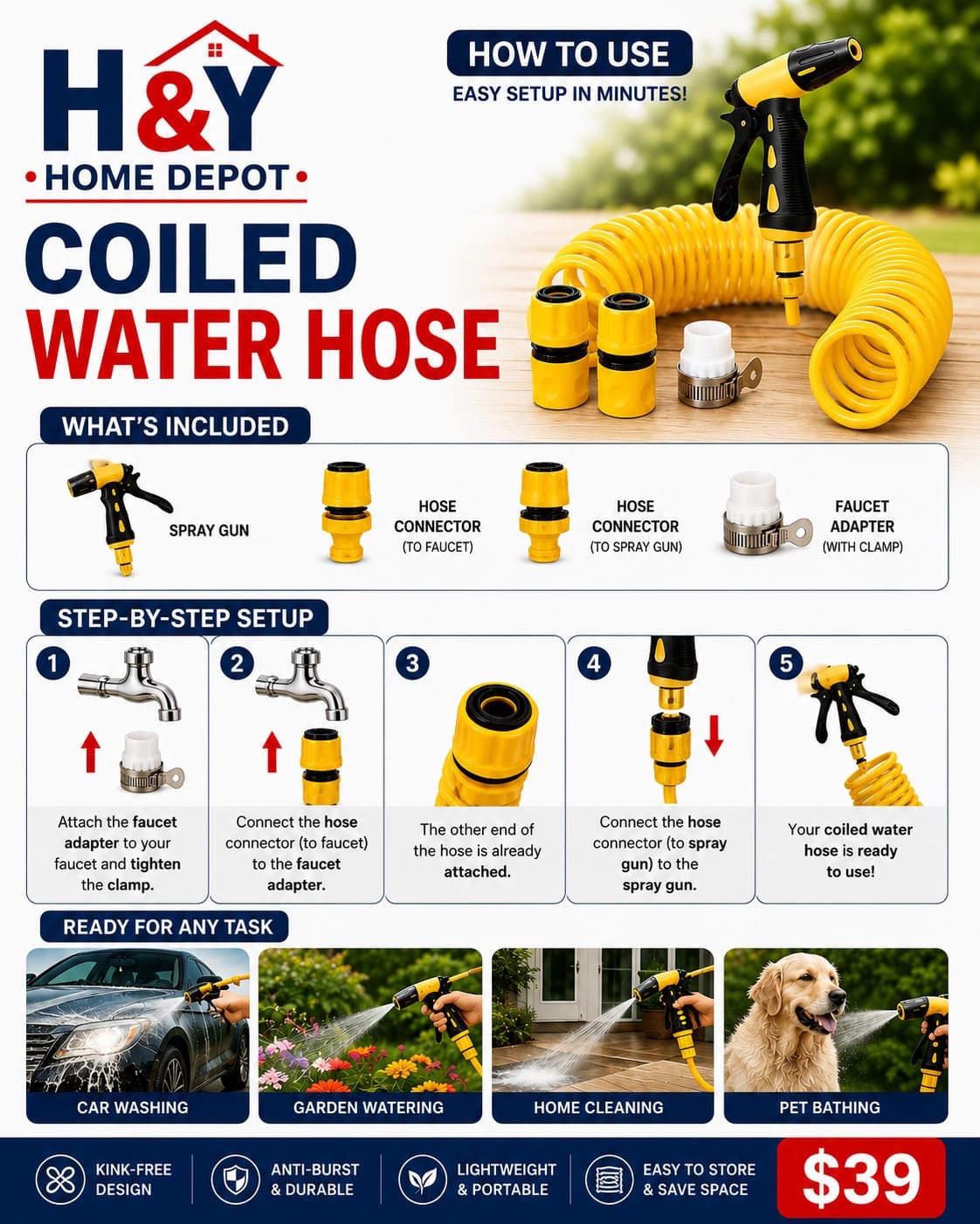 65FT Coiled Water Hose – Only $39 at H&Y Home Depot