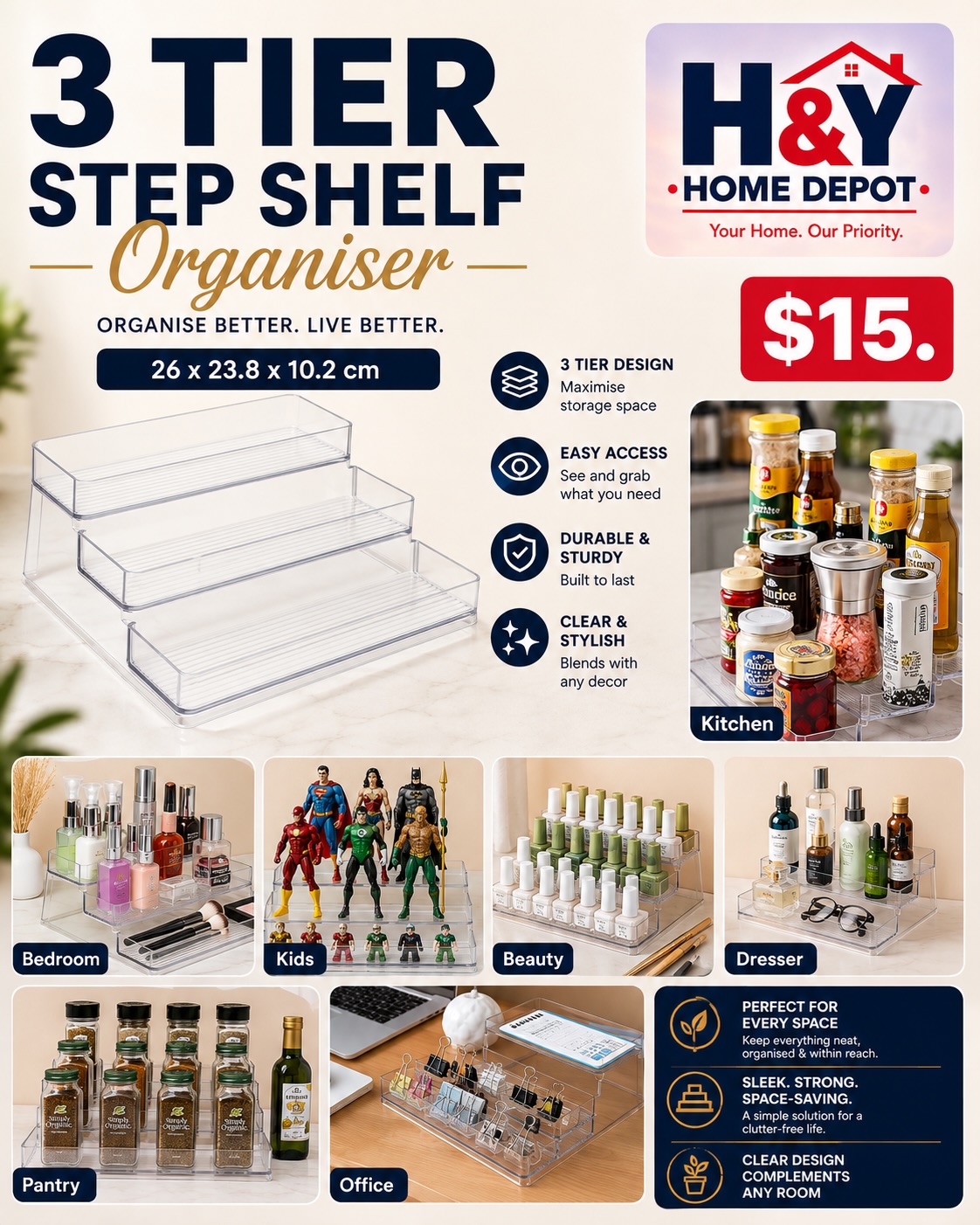3 Tier Step Shelf Organiser – Only $15 at H&Y Home Depot