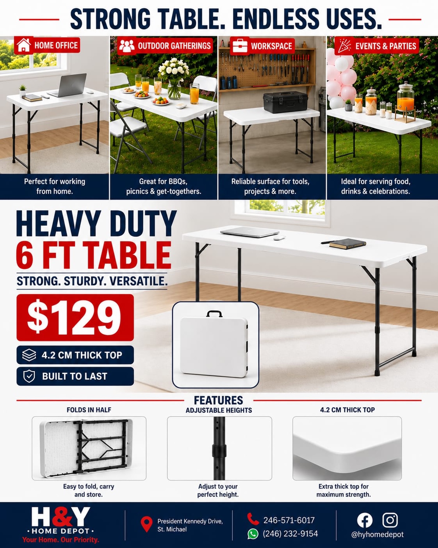 Heavy Duty 6FT Folding Table – Only $129 at H&Y Home Depot