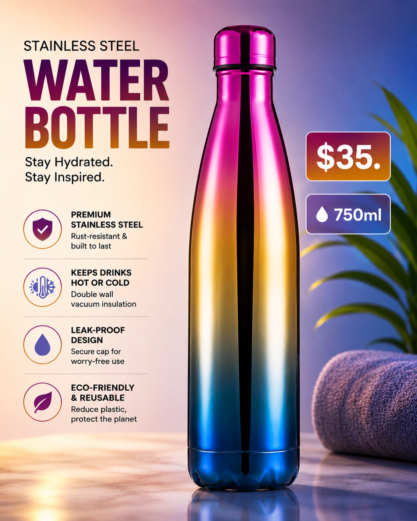750ml Stainless Steel Water Bottle – Only $35 at H&Y Home Depot