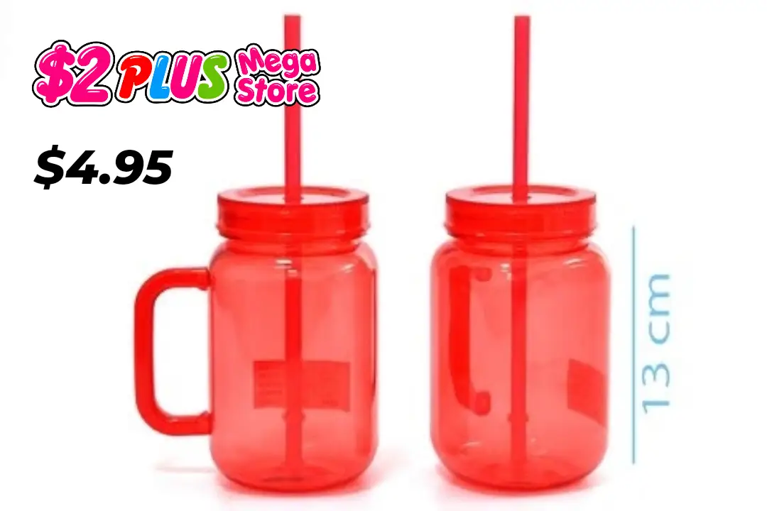 $2 Plus Mega Store – Red Mason Jar Cup with Straw for $4.95