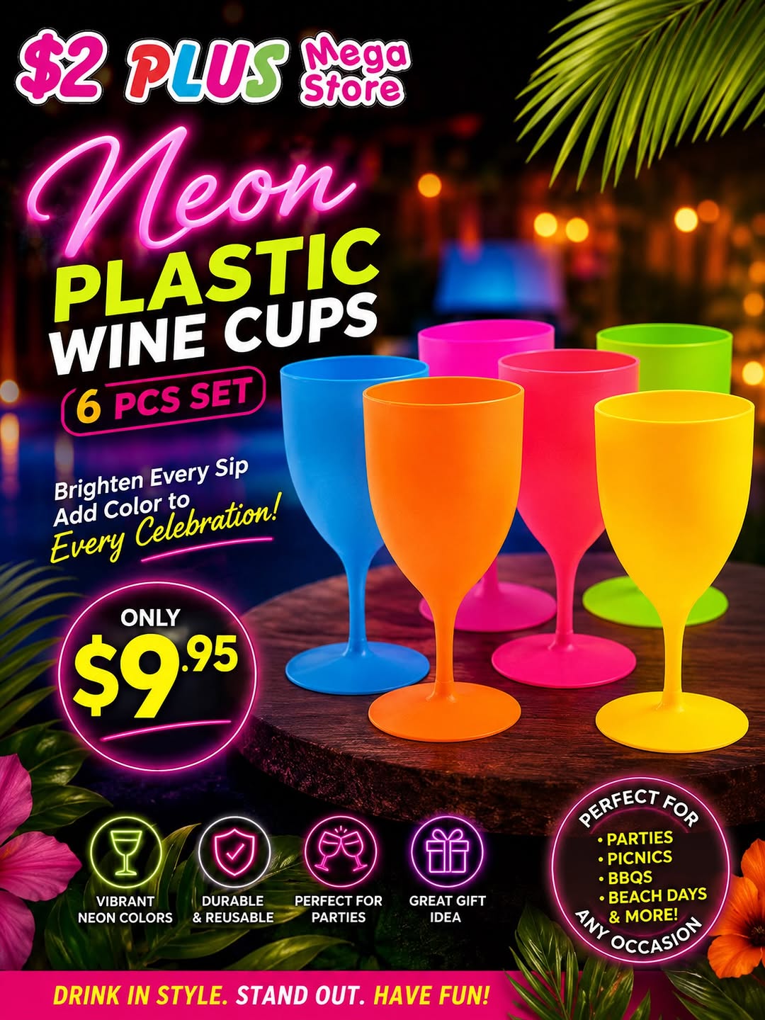 Neon Plastic Wine Cups 6-Piece Set – Only $9.95