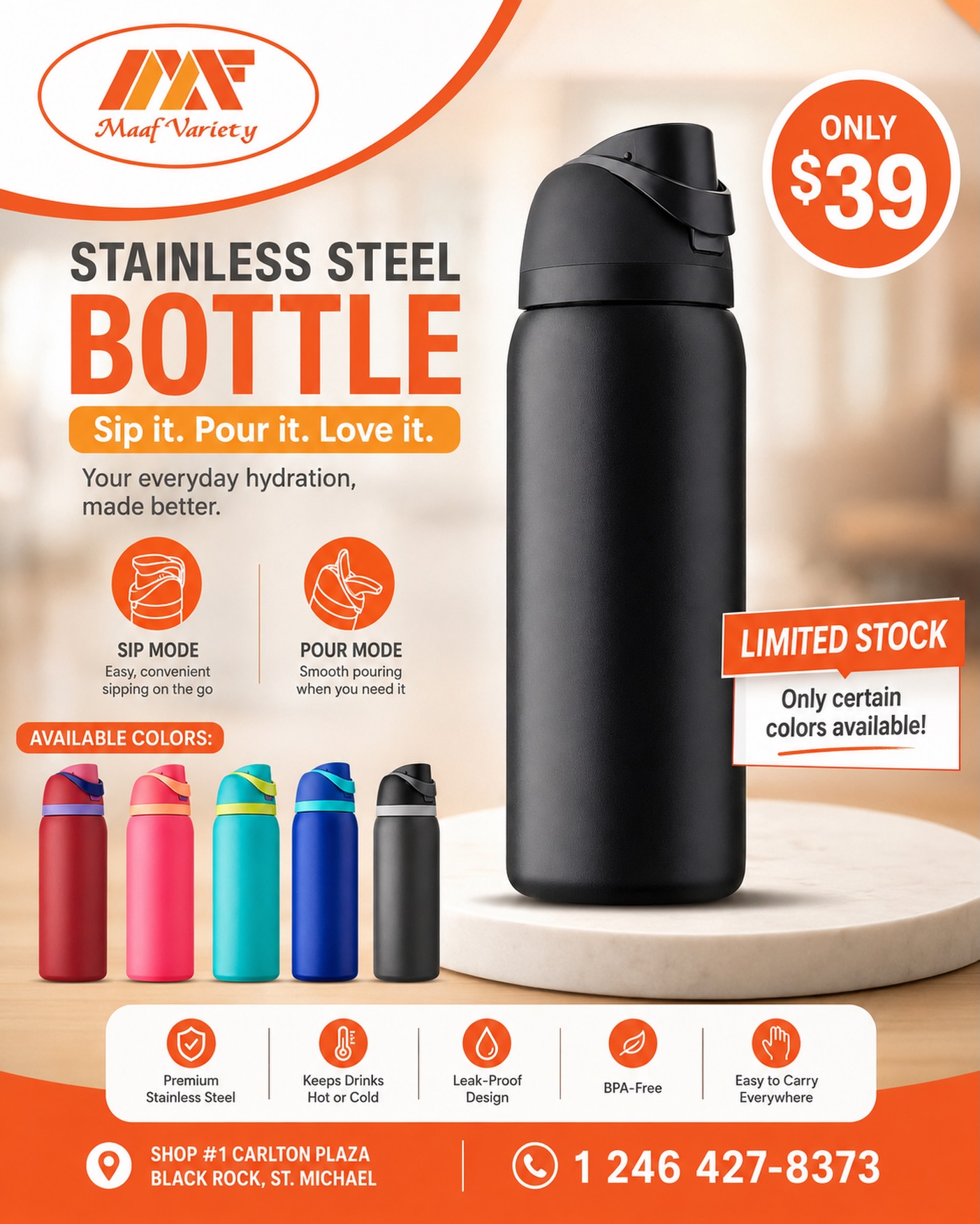Stainless Steel Bottle – Only $39 at Maaf Variety