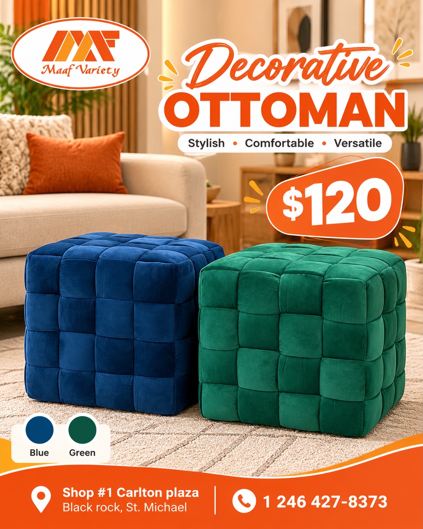 Decorative Ottoman – $120 at Maaf Variety