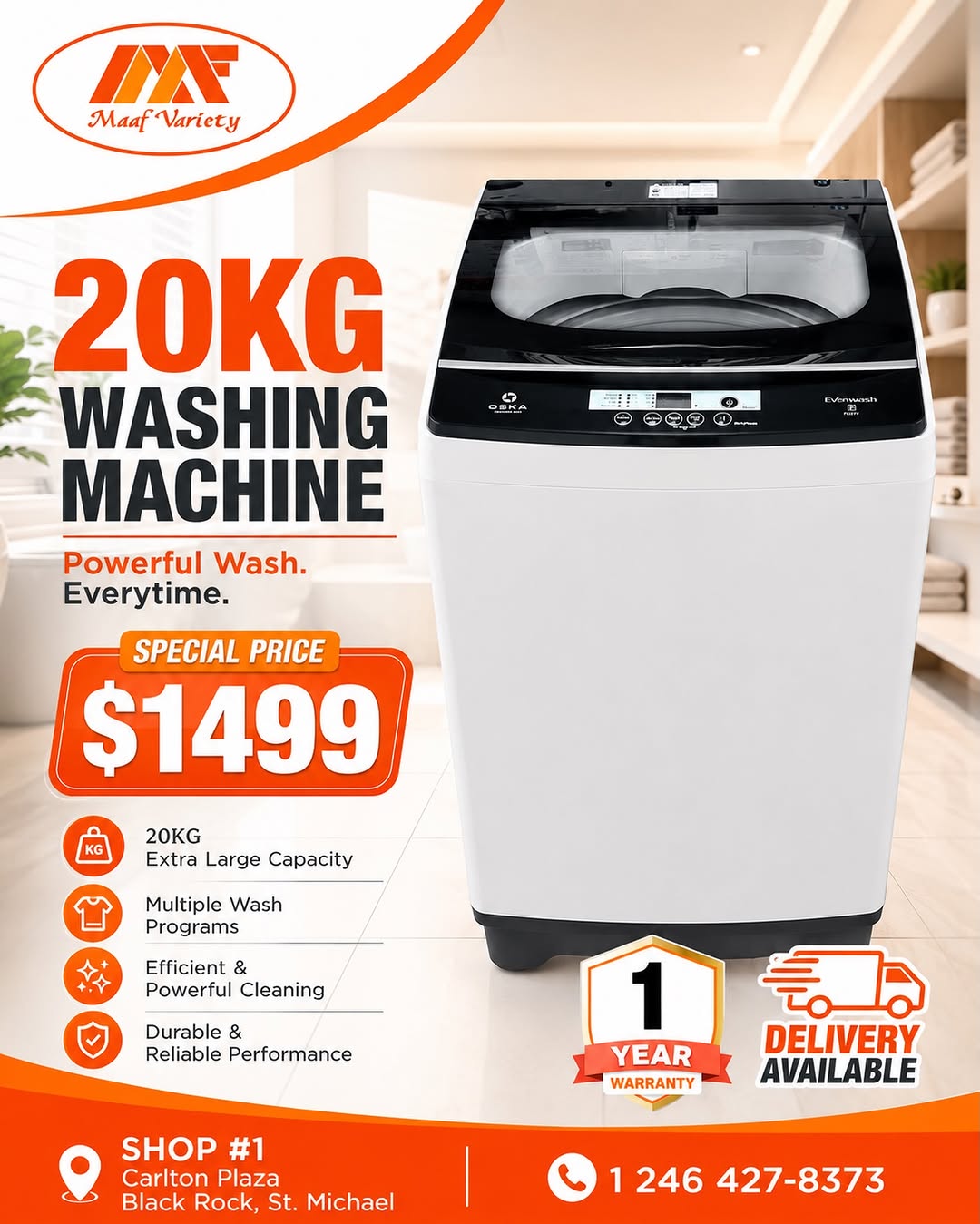OSKA 20KG Top Load Washing Machine – Special Price BDS $1,499