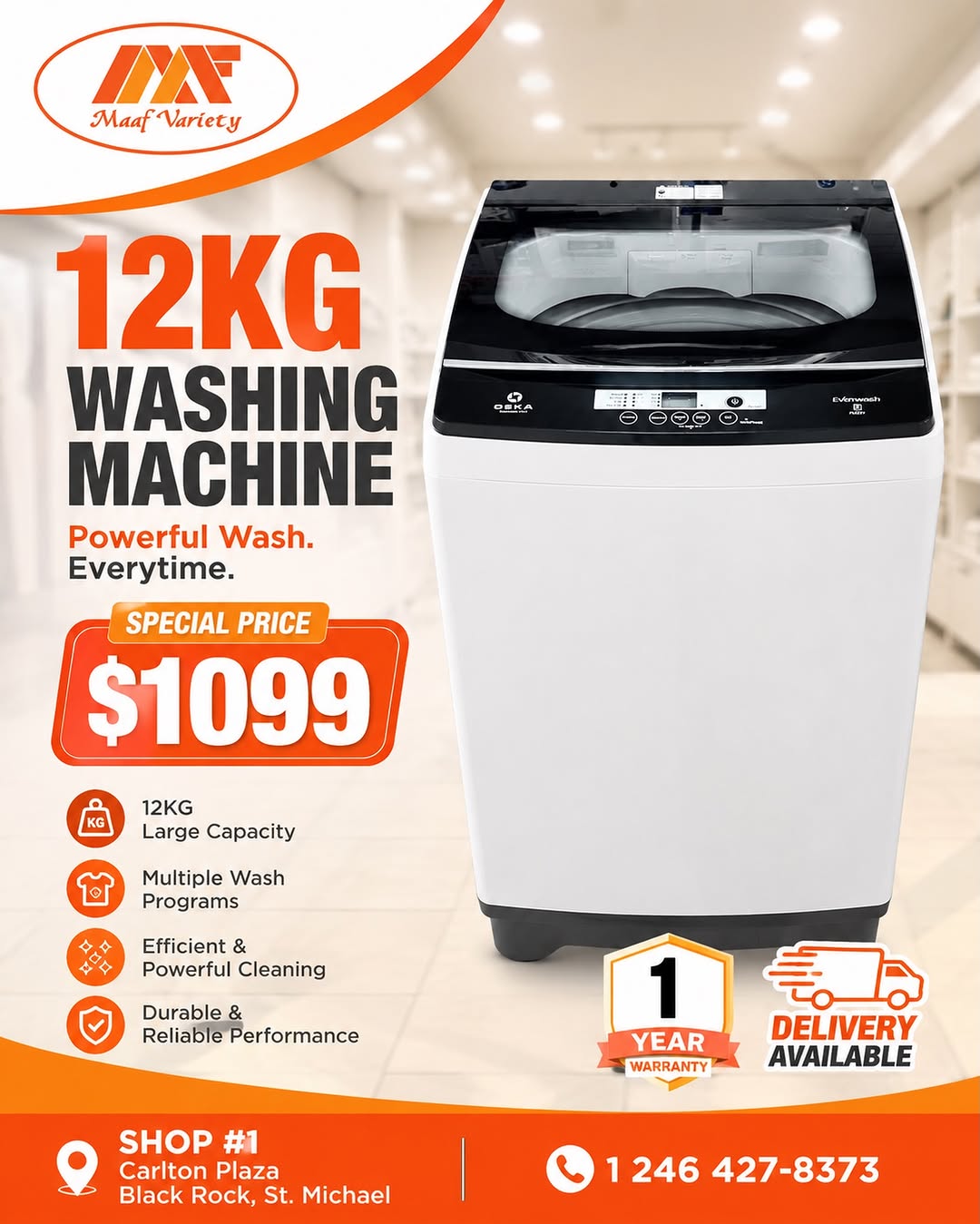 OSKA 12KG Top Load Washing Machine – Special Price BDS $1,099
