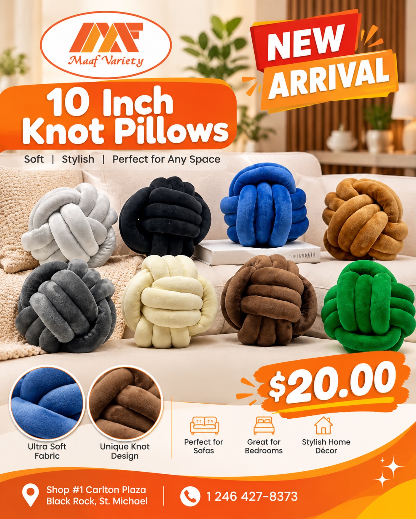 New Arrival: 10 Inch Knot Pillows – $20.00 at Maaf Variety