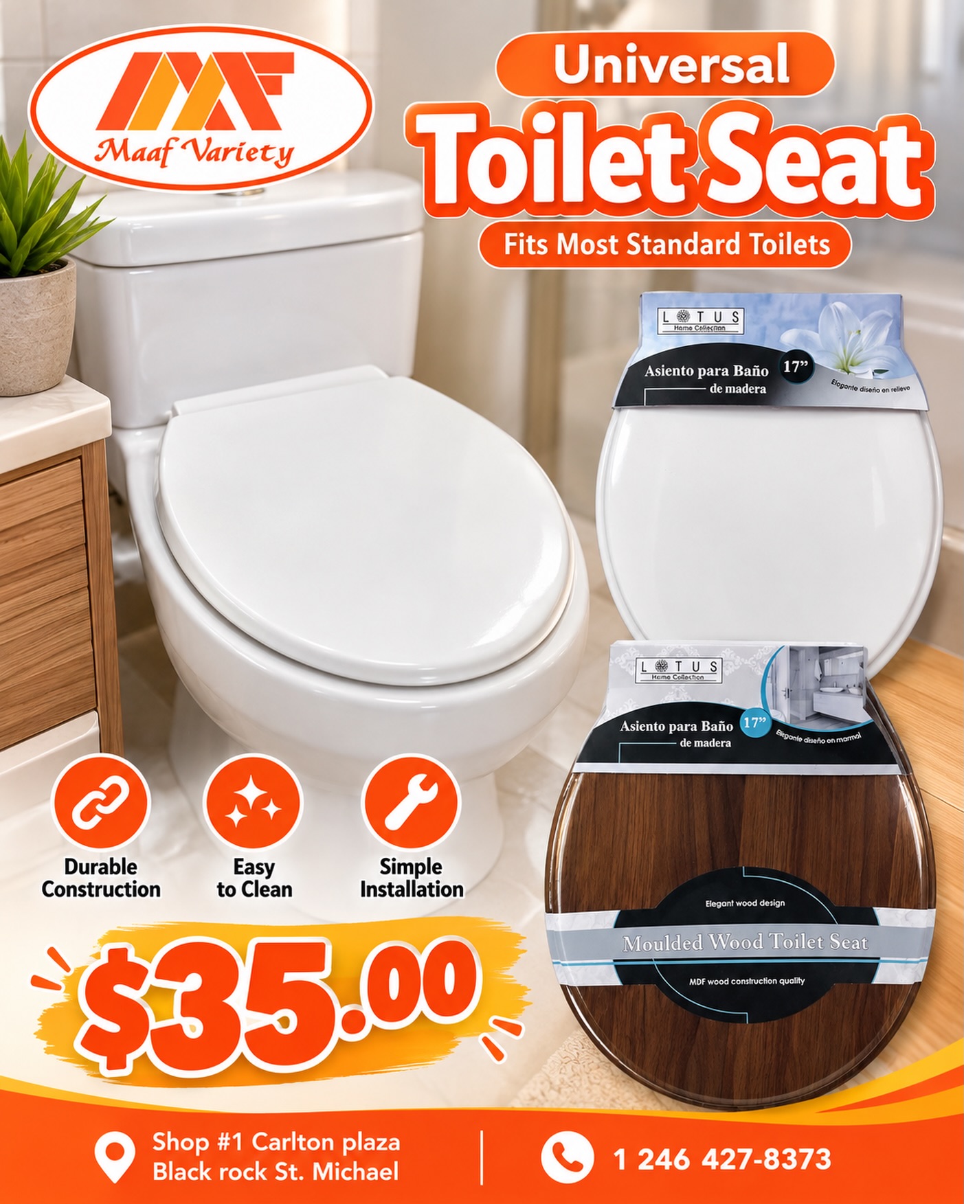 Universal Toilet Seat – $35.00 at Maaf Variety