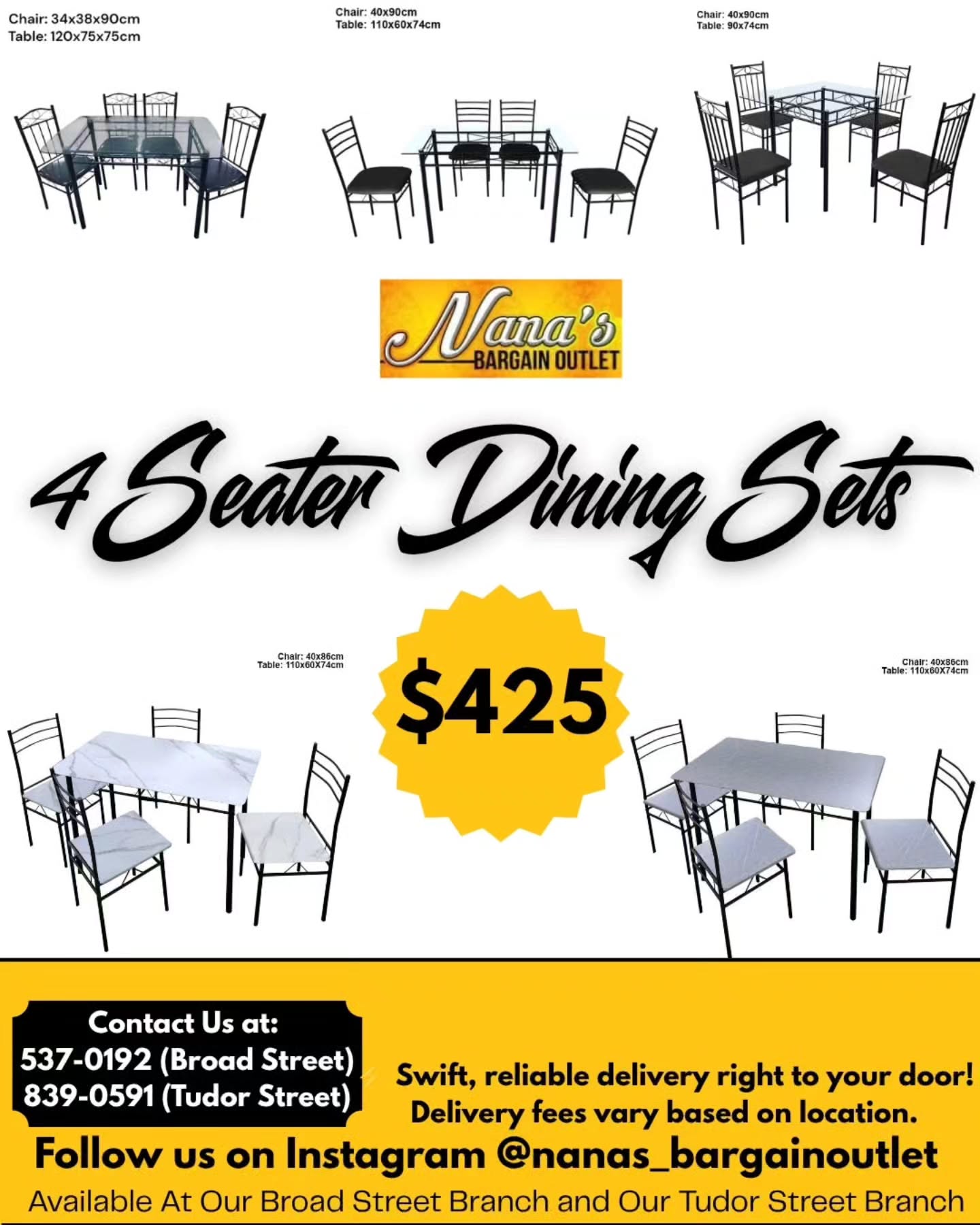 4 Seater Dining Sets – $425 at Nana's Bargain Outlet